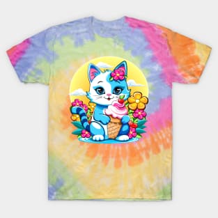 Kitty Cat Cute and happy Summer Cartoon Character with ice cream flowers and Strawberries T-Shirt